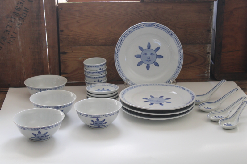 photo of vintage Pier 1 blue & white china sun pattern plates, bowls, soup spoons, sauce cups & dishes #9