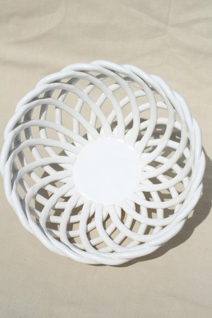 photo of vintage Pier 1 glossy white ceramic basket weave fruit bowl centerpiece #2