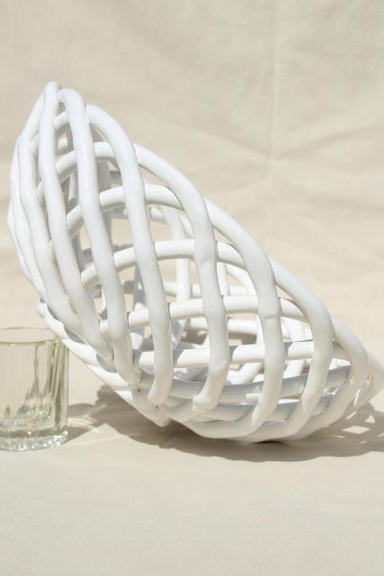 vintage Pier 1 glossy white ceramic basket weave fruit bowl centerpiece