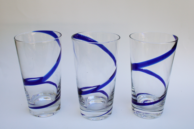 photo of vintage Pier 1 swirline cobalt blue swirl / clear hand blown glass tall tumblers #1