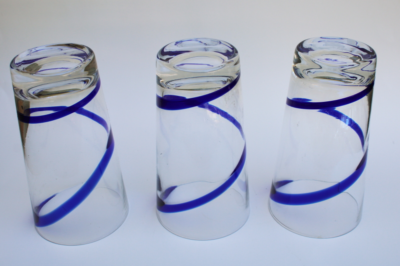 photo of vintage Pier 1 swirline cobalt blue swirl / clear hand blown glass tall tumblers #2