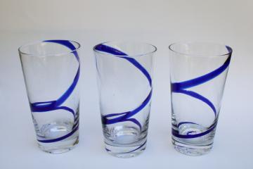 catalog photo of vintage Pier 1 swirline cobalt blue swirl / clear hand blown glass tall tumblers