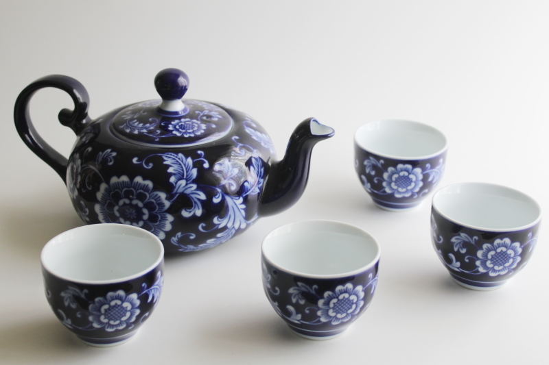 photo of vintage Pier 1 tea set, Mandarin cobalt blue & white china teapot, tea bowl style cups  #1