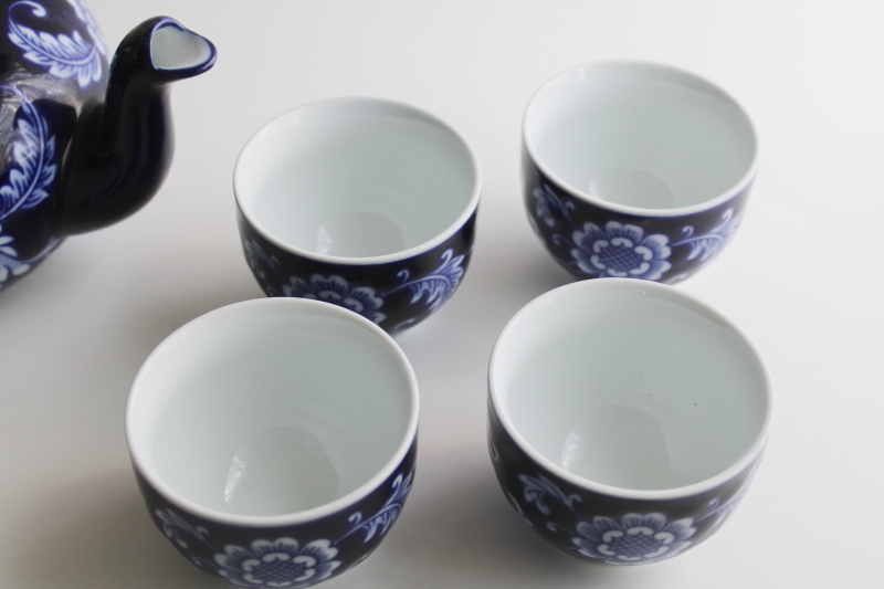 photo of vintage Pier 1 tea set, Mandarin cobalt blue & white china teapot, tea bowl style cups  #2