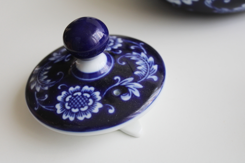 photo of vintage Pier 1 tea set, Mandarin cobalt blue & white china teapot, tea bowl style cups  #5