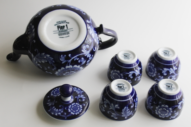 photo of vintage Pier 1 tea set, Mandarin cobalt blue & white china teapot, tea bowl style cups  #7