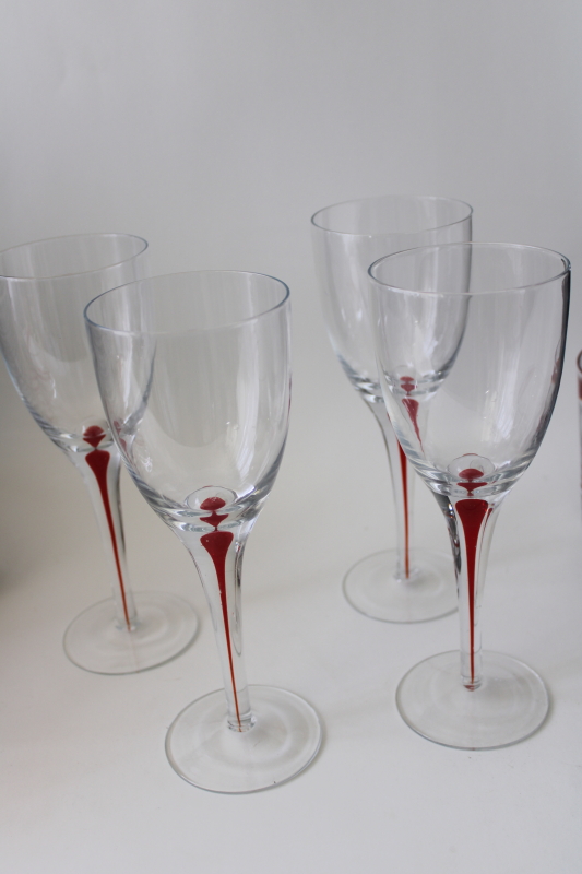 photo of vintage Pier 1 water goblets big wine glasses red filament stem clear glass #1