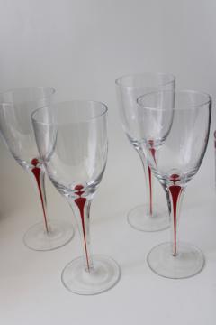 catalog photo of vintage Pier 1 water goblets big wine glasses red filament stem clear glass