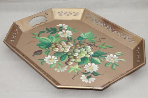 photo of vintage Pilgrim Art tole ware serving tray w/ hand-painted flowers & grapes #1