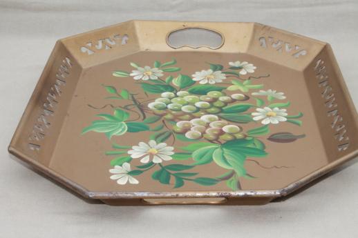 photo of vintage Pilgrim Art tole ware serving tray w/ hand-painted flowers & grapes #3