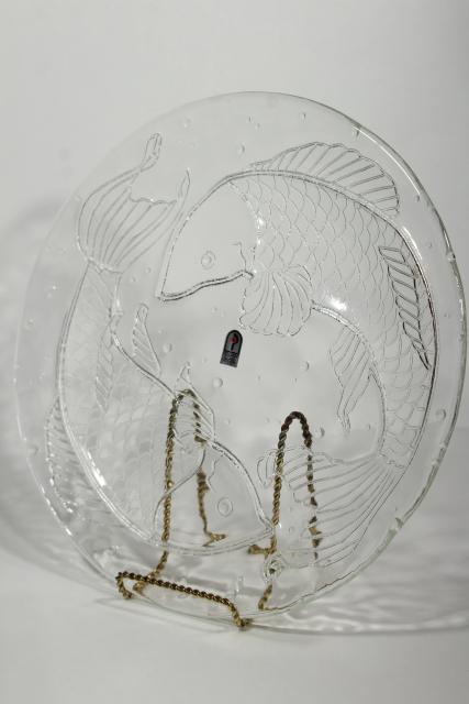 photo of vintage Pilgrim glass Pisces astrological sign fish plate, mid century mod art glass #1