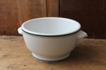 catalog photo of vintage Pillivuyt France green band ironstone china soup bowl w/ footed shape 