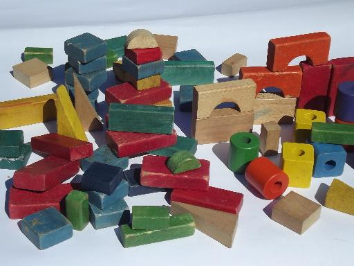 photo of vintage Playskool colored wood blocks lot, wooden building block set #1