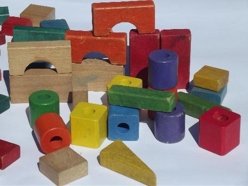 photo of vintage Playskool colored wood blocks lot, wooden building block set #2