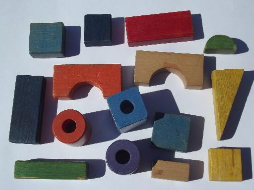 photo of vintage Playskool colored wood blocks lot, wooden building block set #4