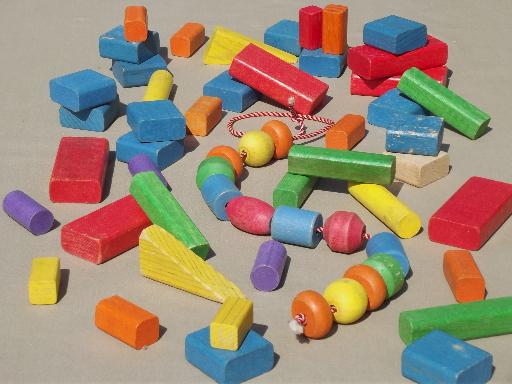 photo of vintage Playskool colored wood blocks, old wooden toy building blocks #1