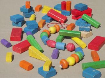 catalog photo of vintage Playskool colored wood blocks, old wooden toy building blocks