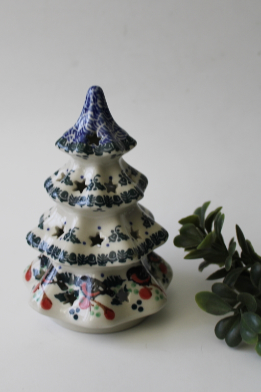 photo of vintage Polish pottery Christmas tree candle luminary, little robins bird pattern #1