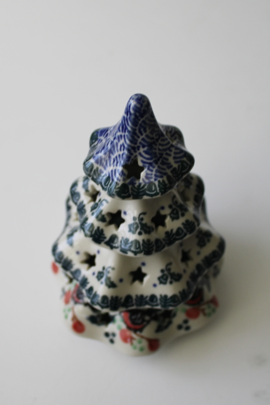 photo of vintage Polish pottery Christmas tree candle luminary, little robins bird pattern #4