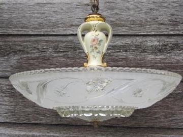 catalog photo of vintage Porcelier floral china hanging light, daffodil glass lamp shade