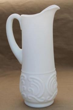 catalog photo of vintage Portieux Vallerysthal milk glass pitcher, tall ewer in white satin glass