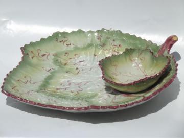 catalog photo of vintage Portugal majolica pottery cabbage leaf serving tray w/ bowl