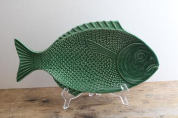 catalog photo of vintage Portugal pottery fish platter, jade green koi ceramic plate