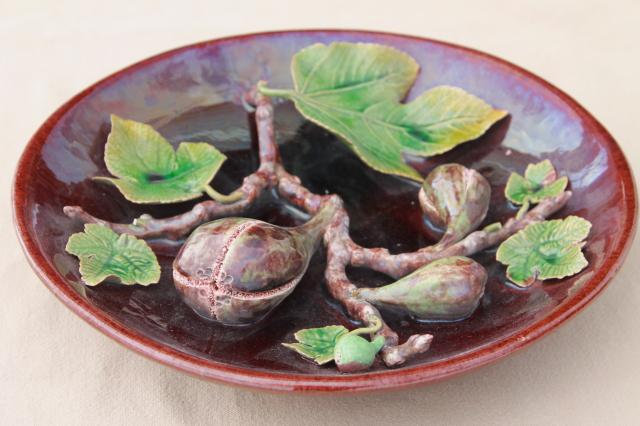 photo of vintage Portugal pottery majolica, hand painted ceramic plate w/ life sized figs #8