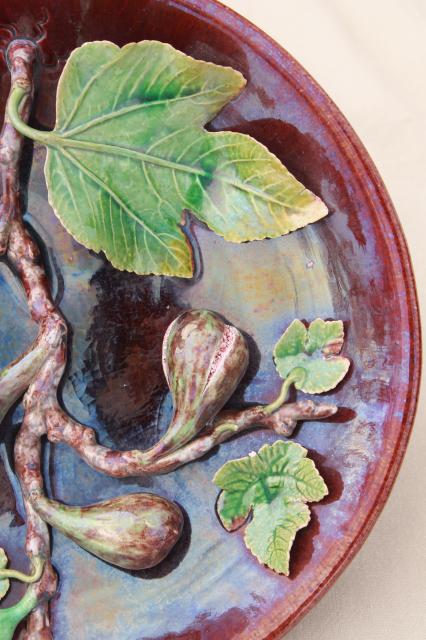 photo of vintage Portugal pottery majolica, hand painted ceramic plate w/ life sized figs #9