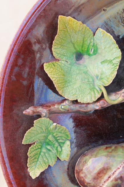 photo of vintage Portugal pottery majolica, hand painted ceramic plate w/ life sized figs #11