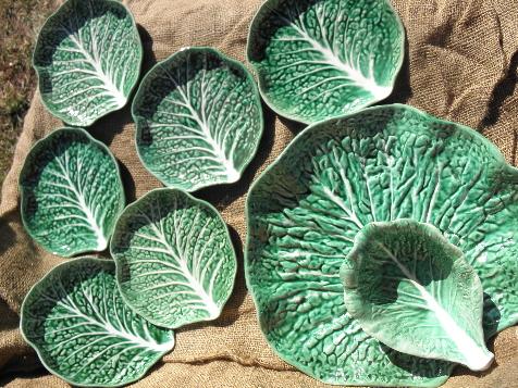 photo of vintage Portugal pottery, majolica lettuce leaf salad plates & chip n dip set #1