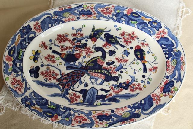 photo of vintage Portugal pottery platter or tray, hand painted ceramic tree of life peacock & birds  #1