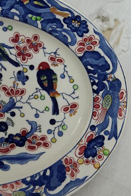 photo of vintage Portugal pottery platter or tray, hand painted ceramic tree of life peacock & birds  #5