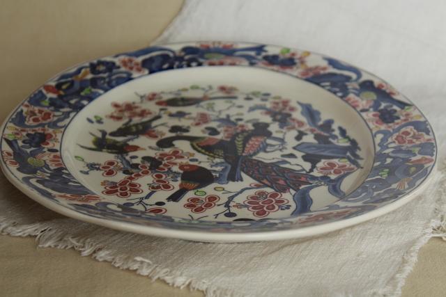 photo of vintage Portugal pottery platter or tray, hand painted ceramic tree of life peacock & birds  #6