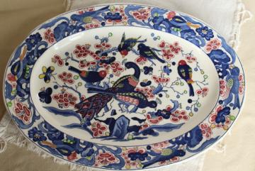 catalog photo of vintage Portugal pottery platter or tray, hand painted ceramic tree of life peacock & birds 