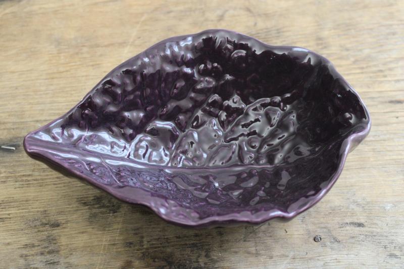 photo of vintage Portugal pottery red cabbage leaf bowl, deep purple colored leaf shaped dish #1