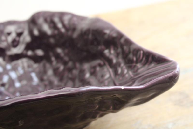 photo of vintage Portugal pottery red cabbage leaf bowl, deep purple colored leaf shaped dish #3