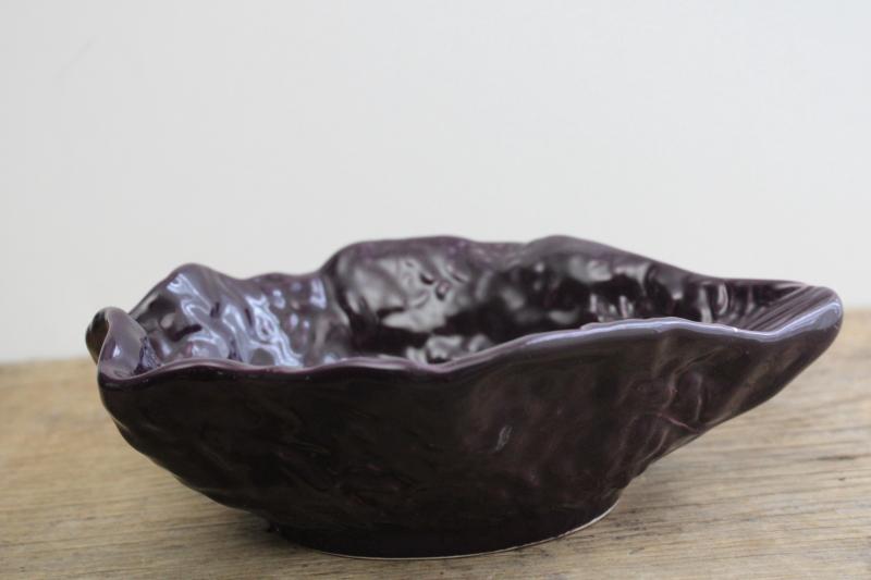 photo of vintage Portugal pottery red cabbage leaf bowl, deep purple colored leaf shaped dish #5