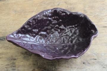 vintage Portugal pottery red cabbage leaf bowl, deep purple colored leaf shaped dish