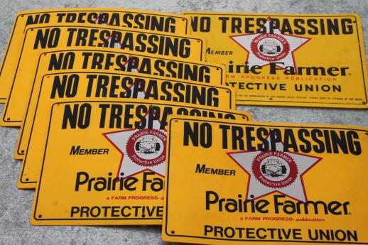 photo of vintage Prairie Farmer signs, weather proof no trespassing sign lot #1