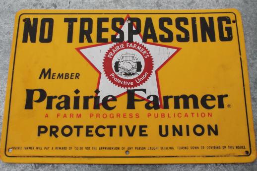 photo of vintage Prairie Farmer signs, weather proof no trespassing sign lot #3