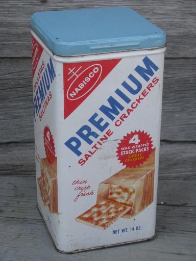 photo of vintage Premium crackers saltines tin storage canister, Spanish - English #1