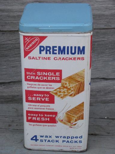 photo of vintage Premium crackers saltines tin storage canister, Spanish - English #2