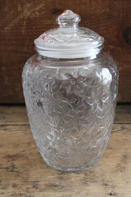 photo of vintage Princess House Fantasia pattern clear glass large canister jar w/ plastic seal lid #1