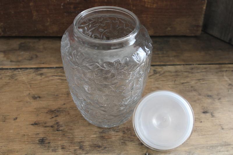 photo of vintage Princess House Fantasia pattern clear glass large canister jar w/ plastic seal lid #2