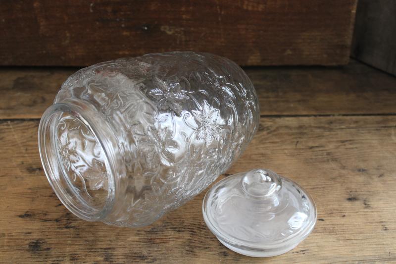 photo of vintage Princess House Fantasia pattern clear glass large canister jar w/ plastic seal lid #3