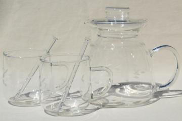 catalog photo of vintage Princess House Heritage clear glass teapot, tea mug cups & stirrers
