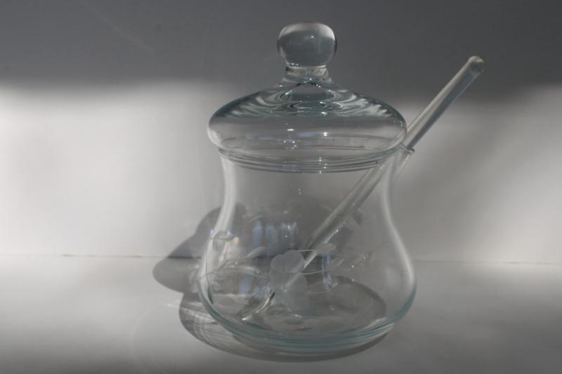 photo of vintage Princess House Heritage etched glass jam or jelly jar w/ lid & spoon #4