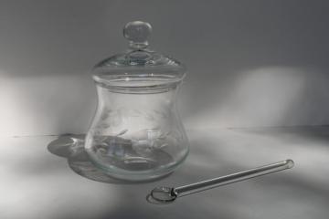 catalog photo of vintage Princess House Heritage etched glass jam or jelly jar w/ lid & spoon