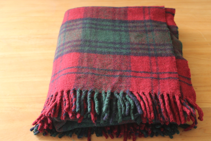 photo of vintage Pringle Scotland woven wool throw, red & green tartan plaid fringed blanket  #1